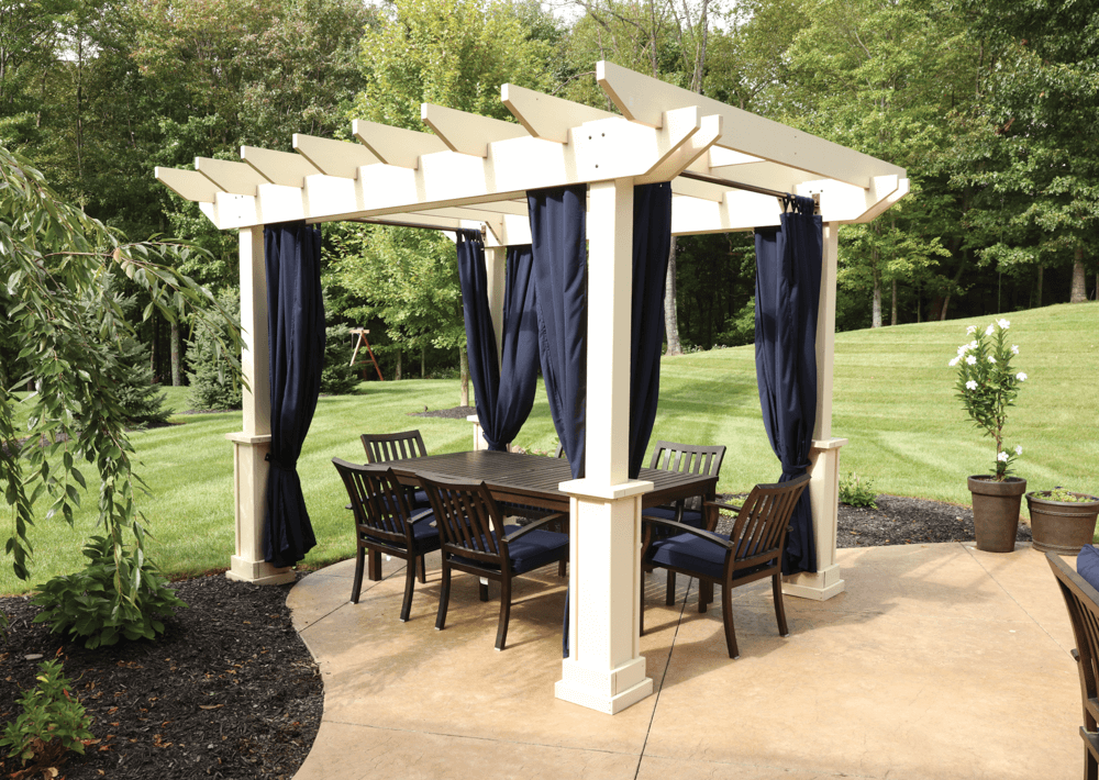 Wooden Pergola White Mendoze pergola with curains,Mendoza Pergola with grandfather posts, custom privacy wall and dia-shade curtains,Mocha colored Mendoze Pergola,Mendoza Pergola by Miller's Mini Barns,Mendoza Pergola by Miller's Mini Barns